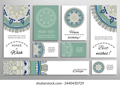 Big set of greeting Cards or wedding Invitations. Postcards template with inscription Make a Wish, Best Wishes, Happy Birthday. Banner, business cards with mandala ornament. Isolated design elements
