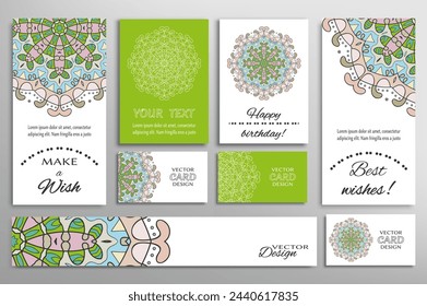 Big set of greeting Cards or wedding Invitations. Postcards template with inscription Make a Wish, Best Wishes, Happy Birthday. Banner, business cards with mandala ornament. Isolated design elements