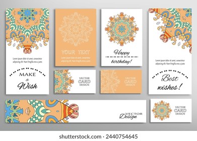 Big set of greeting Cards or wedding Invitations. Postcards template with inscription Make a Wish, Best Wishes, Happy Birthday. Banner, business cards with mandala ornament. Isolated design elements