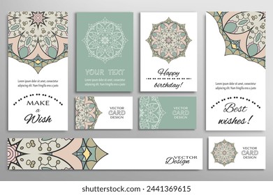 Big set of greeting Cards or wedding Invitations. Postcards template with inscription Make a Wish, Best Wishes, Happy Birthday. Banner, business cards with mandala ornament. Isolated design elements
