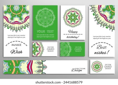 Big set of greeting Cards or wedding Invitations. Postcards template with inscription Make a Wish, Best Wishes, Happy Birthday. Banner, business cards with mandala ornament. Isolated design elements