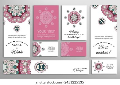 Big set of greeting Cards or wedding Invitations. Postcards template with inscription Make a Wish, Best Wishes, Happy Birthday. Banner, business cards with mandala ornament. Isolated design elements