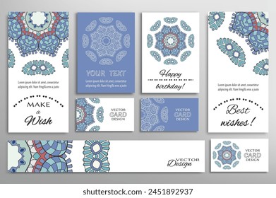 Big set of greeting Cards or wedding Invitations. Postcards template with inscription Make a Wish, Best Wishes, Happy Birthday. Banner, business cards with mandala ornament. Isolated design elements