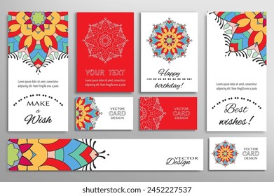 Big set of greeting Cards or wedding Invitations. Postcards template with inscription Make a Wish, Best Wishes, Happy Birthday. Banner, business cards with mandala ornament. Isolated design elements
