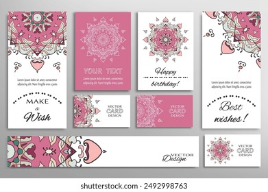 Big set of greeting Cards or wedding Invitations. Postcards template with inscription Make a Wish, Best Wishes, Happy Birthday. Banner, business cards with mandala ornament. Isolated design elements