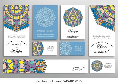 Big set of greeting Cards or wedding Invitations. Postcards template with inscription Make a Wish, Best Wishes, Happy Birthday. Banner, business cards with mandala ornament. Isolated design elements