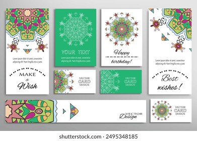 Big set of greeting Cards or wedding Invitations. Postcards template with inscription Make a Wish, Best Wishes, Happy Birthday. Banner, business cards with mandala ornament. Isolated design elements