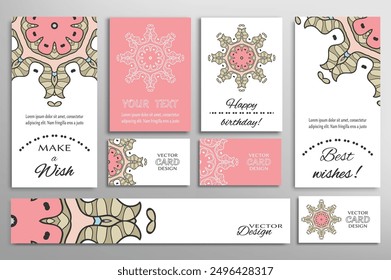 Big set of greeting Cards or wedding Invitations. Postcards template with inscription Make a Wish, Best Wishes, Happy Birthday. Banner, business cards with mandala ornament. Isolated design elements