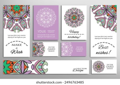 Big set of greeting Cards or wedding Invitations. Postcards template with inscription Make a Wish, Best Wishes, Happy Birthday. Banner, business cards with mandala ornament. Isolated design elements