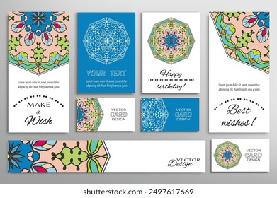 Big set of greeting Cards or wedding Invitations. Postcards template with inscription Make a Wish, Best Wishes, Happy Birthday. Banner, business cards with mandala ornament. Isolated design elements