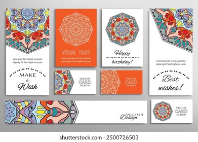 Big set of greeting Cards or wedding Invitations. Postcards template with inscription Make a Wish, Best Wishes, Happy Birthday. Banner, business cards with mandala ornament. Isolated design elements