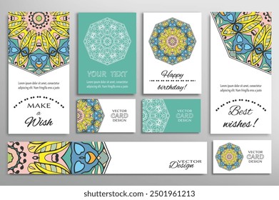 Big set of greeting Cards or wedding Invitations. Postcards template with inscription Make a Wish, Best Wishes, Happy Birthday. Banner, business cards with mandala ornament. Isolated design elements