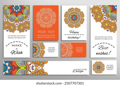 Big set of greeting Cards or wedding Invitations. Postcards template with inscription Make a Wish, Best Wishes, Happy Birthday. Banner, business cards with mandala ornament. Isolated design elements