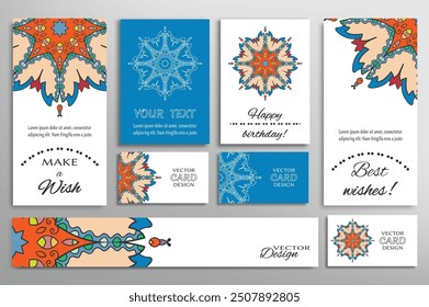 Big set of greeting Cards or wedding Invitations. Postcards template with inscription Make a Wish, Best Wishes, Happy Birthday. Banner, business cards with mandala ornament. Isolated design elements