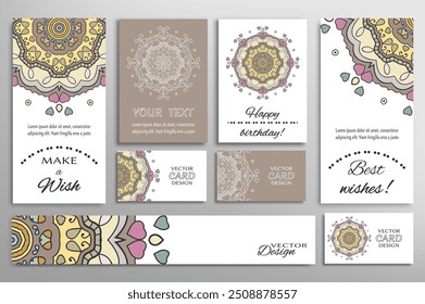 Big set of greeting Cards or wedding Invitations. Postcards template with inscription Make a Wish, Best Wishes, Happy Birthday. Banner, business cards with mandala ornament. Isolated design elements