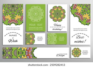 Big set of greeting Cards or wedding Invitations. Postcards template with inscription Make a Wish, Best Wishes, Happy Birthday. Banner, business cards with mandala ornament. Isolated design elements