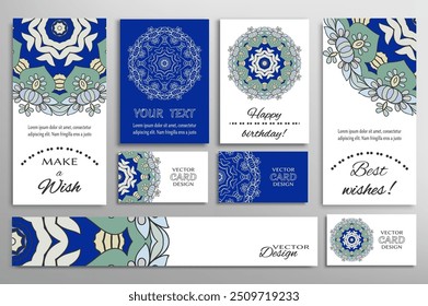Big set of greeting Cards or wedding Invitations. Postcards template with inscription Make a Wish, Best Wishes, Happy Birthday. Banner, business cards with mandala ornament. Isolated design elements