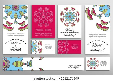 Big set of greeting Cards or wedding Invitations. Postcards template with inscription Make a Wish, Best Wishes, Happy Birthday. Banner, business cards with mandala ornament. Isolated design elements