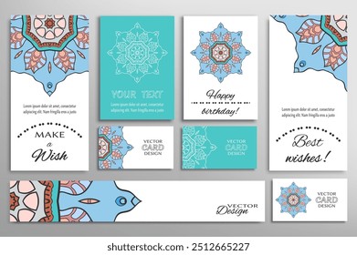Big set of greeting Cards or wedding Invitations. Postcards template with inscription Make a Wish, Best Wishes, Happy Birthday. Banner, business cards with mandala ornament. Isolated design elements
