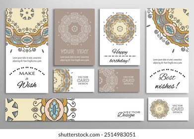 Big set of greeting Cards or wedding Invitations. Postcards template with inscription Make a Wish, Best Wishes, Happy Birthday. Banner, business cards with mandala ornament. Isolated design elements