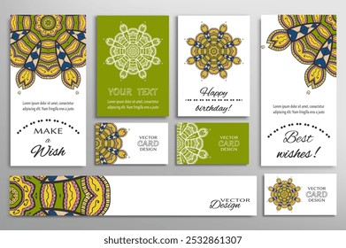 Big set of greeting Cards or wedding Invitations. Postcards template with inscription Make a Wish, Best Wishes, Happy Birthday. Banner, business cards with mandala ornament. Isolated design elements