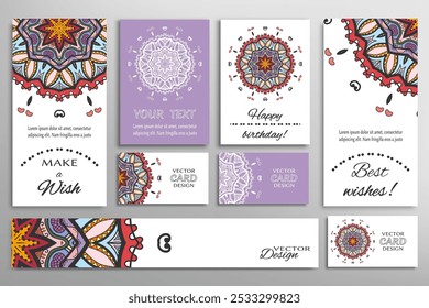 Big set of greeting Cards or wedding Invitations. Postcards template with inscription Make a Wish, Best Wishes, Happy Birthday. Banner, business cards with mandala ornament. Isolated design elements