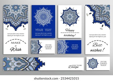 Big set of greeting Cards or wedding Invitations. Postcards template with inscription Make a Wish, Best Wishes, Happy Birthday. Banner, business cards with mandala ornament. Isolated design elements