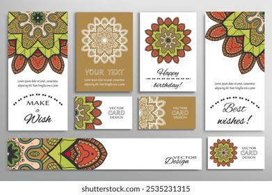 Big set of greeting Cards or wedding Invitations. Postcards template with inscription Make a Wish, Best Wishes, Happy Birthday. Banner, business cards with mandala ornament. Isolated design elements