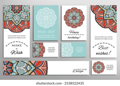 Big set of greeting Cards or wedding Invitations. Postcards template with inscription Make a Wish, Best Wishes, Happy Birthday. Banner, business cards with mandala ornament. Isolated design elements