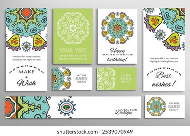 Big set of greeting Cards or wedding Invitations. Postcards template with inscription Make a Wish, Best Wishes, Happy Birthday. Banner, business cards with mandala ornament. Isolated design elements