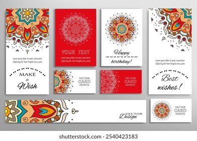 Big set of greeting Cards or wedding Invitations. Postcards template with inscription Make a Wish, Best Wishes, Happy Birthday. Banner, business cards with mandala ornament. Isolated design elements