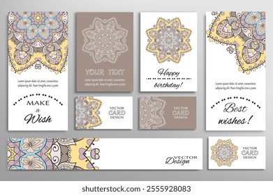 Big set of greeting Cards or wedding Invitations. Postcards template with inscription Make a Wish, Best Wishes, Happy Birthday. Banner, business cards with mandala ornament. Isolated design elements