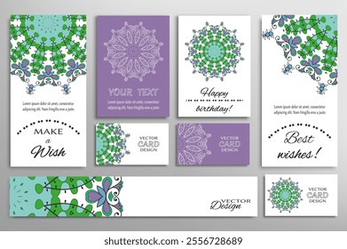 Big set of greeting Cards or wedding Invitations. Postcards template with inscription Make a Wish, Best Wishes, Happy Birthday. Banner, business cards with mandala ornament. Isolated design elements