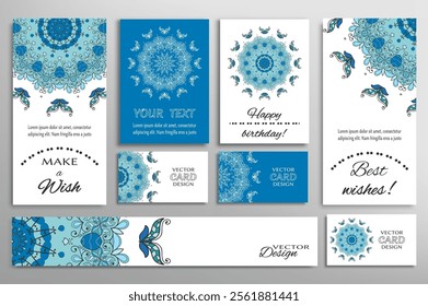 Big set of greeting Cards or wedding Invitations. Postcards template with inscription Make a Wish, Best Wishes, Happy Birthday. Banner, business cards with mandala ornament. Isolated design elements