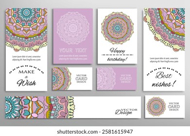 Big set of greeting Cards or wedding Invitations. Postcards template with inscription Make a Wish, Best Wishes, Happy Birthday. Banner, business cards with mandala ornament. Isolated design elements