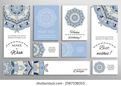 Big set of greeting Cards or wedding Invitations. Postcards template with inscription Make a Wish, Best Wishes, Happy Birthday. Banner, business cards with mandala ornament. Isolated design elements