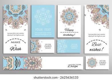Big set of greeting Cards or wedding Invitations. Postcards template with inscription Make a Wish, Best Wishes, Happy Birthday. Banner, business cards with mandala ornament. Isolated design elements