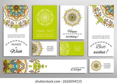 Big set of greeting Cards or wedding Invitations. Postcards template with inscription Make a Wish, Best Wishes, Happy Birthday. Banner, business cards with mandala ornament. Isolated design elements