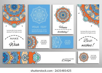 Big set of greeting Cards or wedding Invitations. Postcards template with inscription Make a Wish, Best Wishes, Happy Birthday. Banner, business cards with mandala ornament. Isolated design elements