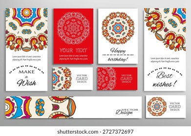 Big set of greeting Cards or wedding Invitations. Postcards template with inscription Make a Wish, Best Wishes, Happy Birthday. Banner, business cards with mandala ornament. Isolated design elements