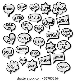 Big set grey comic text sound effects pop art style. Collection vector bubble icon speech phrase, cartoon exclusive font label tag expression, sounds illustration background. Comics book balloon.