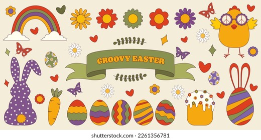 Big set of groovy Easter design elements in trendy 70s, 60s style.Vector illustration