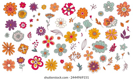 Big set of Groovy flowers. Hippie flowers - daisies. Colorful vector illustration in trendy vintage trippy style. Hippie 60s, 70s style, nostalgic poster or card, for t-shirt print or patterns