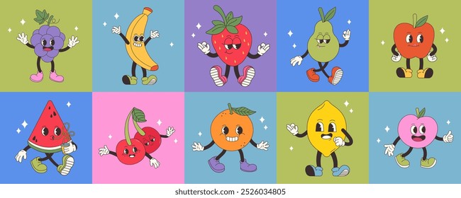 Gran conjunto de frutas Groovy. Dibujo a mano Divertido Retro estilo de moda frutas personaje de dibujos animados. Colección de Doodle Comic. Estilo de moda vintage divertido en fondo colorido