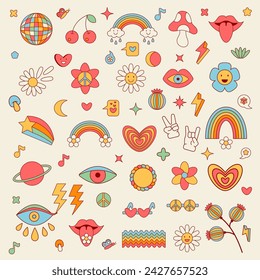 Big set of Groovy Funny Cartoon design elements Flower, Rainbow, Sign of Peace, Eye, Lips, Mushroom, Daisy. Stickers in trendy retro style. Hippie 70s Set Vector illustration.