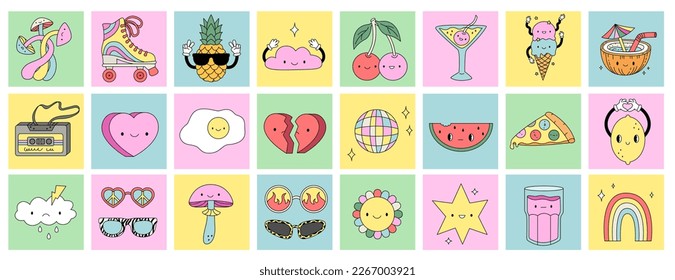 Big set groovy stickers in trendy retro cartoon style. Characters, daisy flowers, ice cream, mushrooms, sunglasses, peace sign, heart, cocktails, rainbow