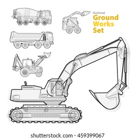 Big set of ground works machines vehicles, black and white wire composition. Construction machinery equipment for building. Truck, Digger, Small Bagger, Mix, Excavator, master vector illustration.