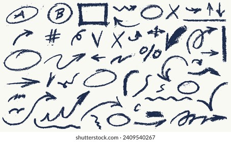 Gran conjunto de flechas y marcos con tiza. Símbolos dibujados a mano para diagramas dibujados a mano. Dibujo de marcadores de Doodle. Vector de mano libre diferentes flechas curvadas, giros, círculos y verificaciones, cruces.