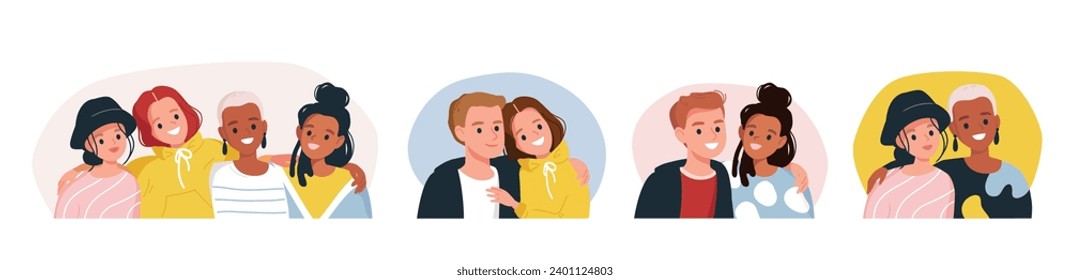 Big set group of diverse characters style young people couples together hugging posing isolated on white background. University fellow, students, classmates, buddies, pals doing keepsake photograph.