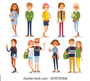 Big set group of diverse flat cartoon vector characters style young people couples in different poses standing together isolated on white background. Crowd people. Casualy looking dressed men women.